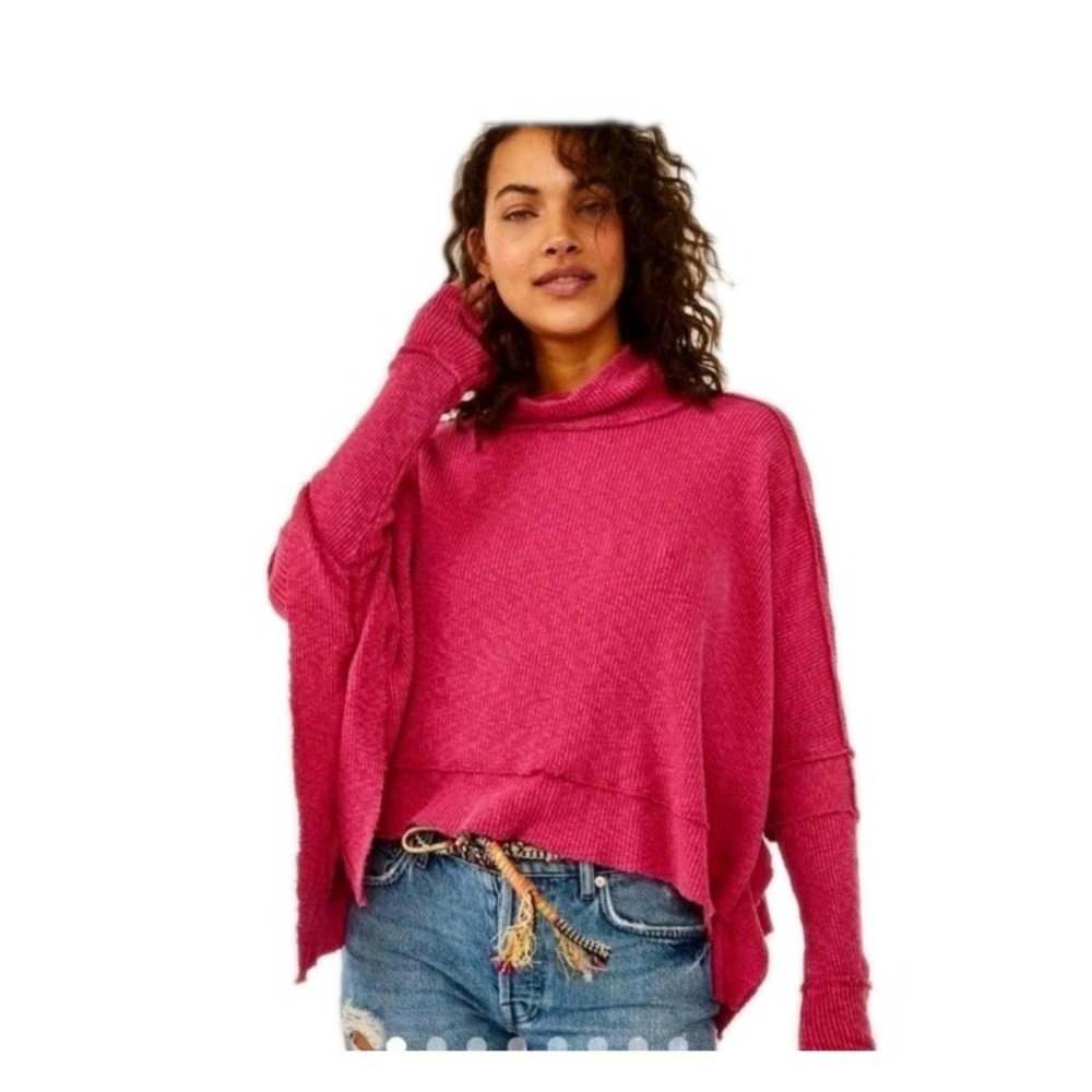 We The Free People Long Sleeve Shirt Pink Thermal Knit Cropped Size XS